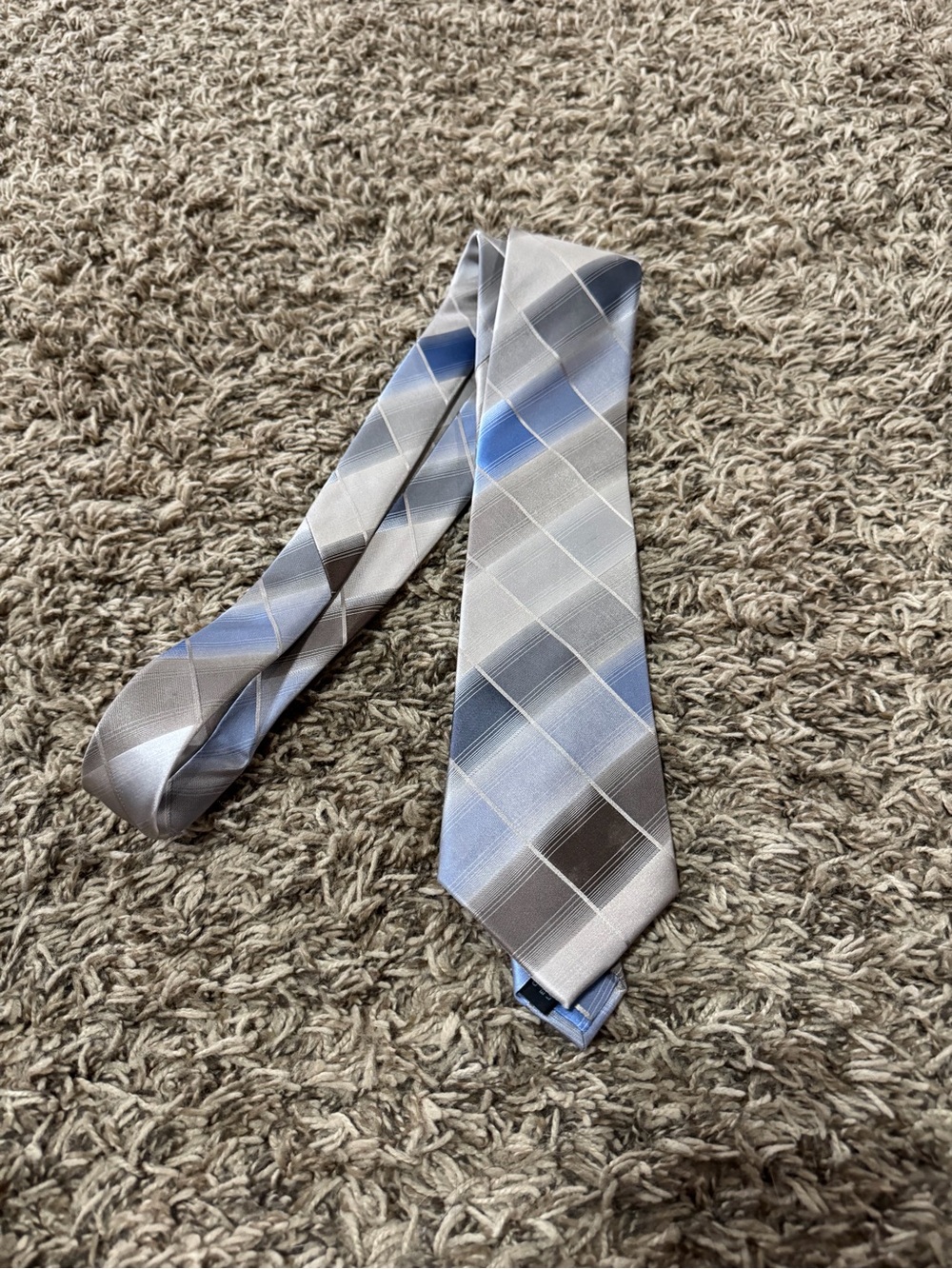 Calvin Klein Light Blue and Silver Plaid Silk Tie